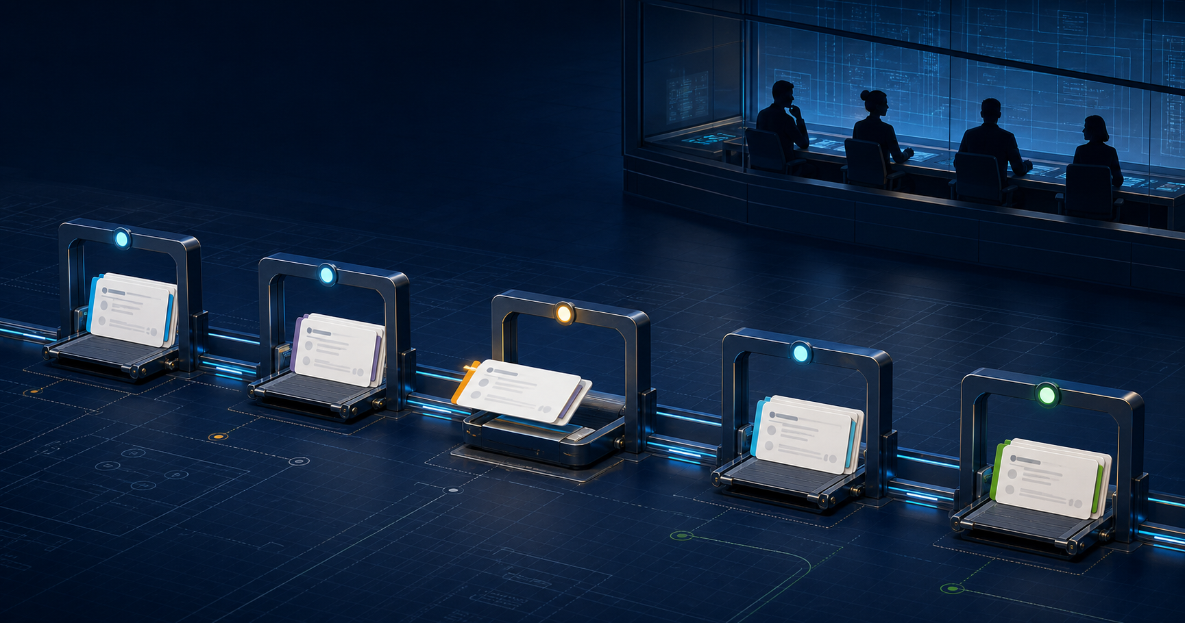 Illustration of AIM work tickets moving through five delivery stations while four specialist roles monitor the flow
